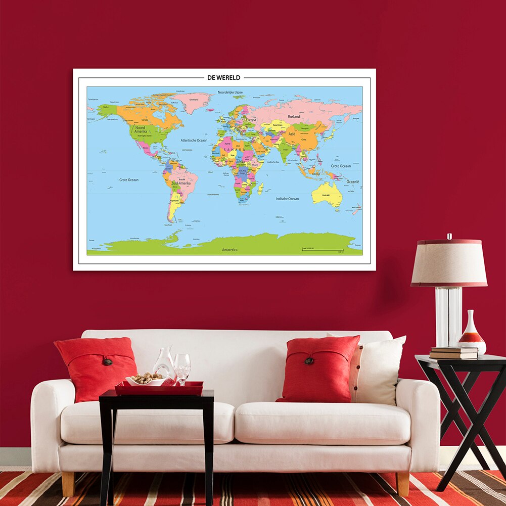 150*100cm Political Map of The World In Dutch Wall Poster Non-woven Canvas Office Living Home Decoration School Supplies