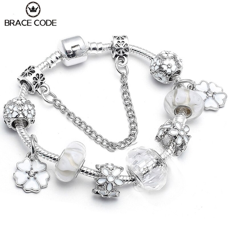 White Crystal Flower Dangles Charm Bracelet Plant Beads Brand Bracelet For Women Couple Anniversary Jewelry: Gold Color / 18cm