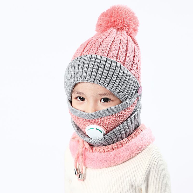 3 in 1 Kids Knitted Scarf Hat Face Mask Set with Breathing Valve Winter Warm Soft for Children Outdoor -MX8: Pink