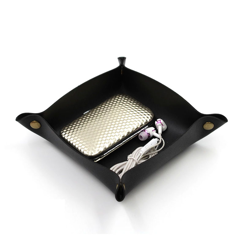 Leather Tray, Small Catchall Tray, Foldable Jewelry Travel Organizer, Suitable for Travel, Storage, Nightstand, Home or Office: L / black