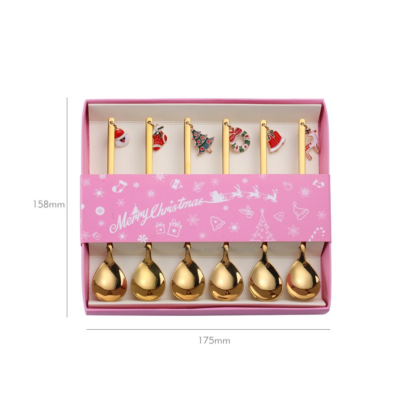 Ensemble De 6 Cuillères à Café/dessert De Noël En Inox - Avec Pendentifs Festifs (Père Noël, Sapin, Renne...), Pour Décoration De Table Et Cadeau