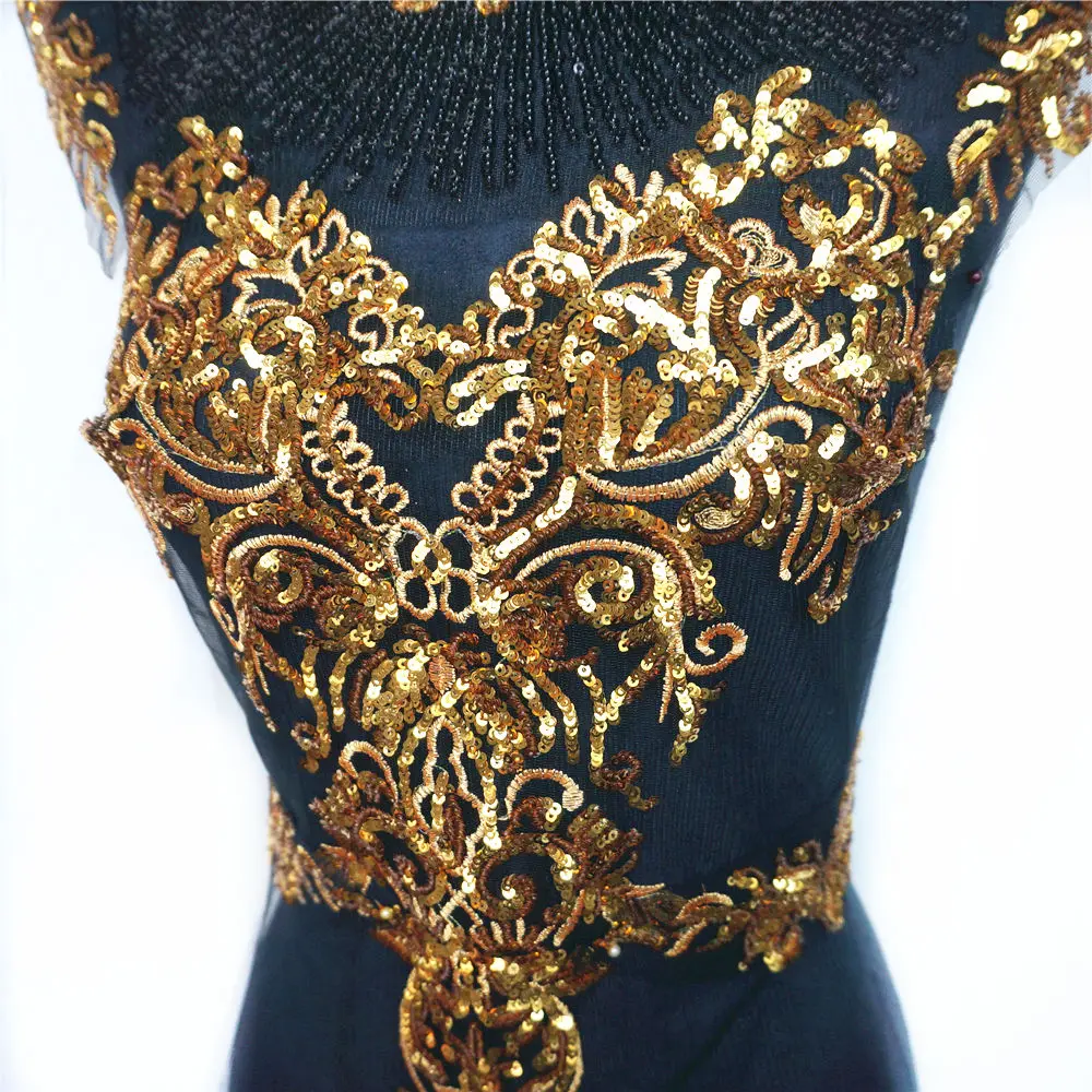 1 sæt sort tyl guld pailletter broderi blonde stof kvast royal noble brudekjole applikation patch krave kjole diy