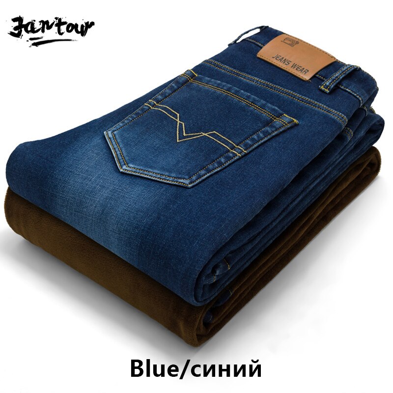 Inverno quente térmica flanela estiramento jeans dos homens de qualidade famosa marca velo calças homens em linha reta reunindo calças jean masculino 28-40: Blue / 40