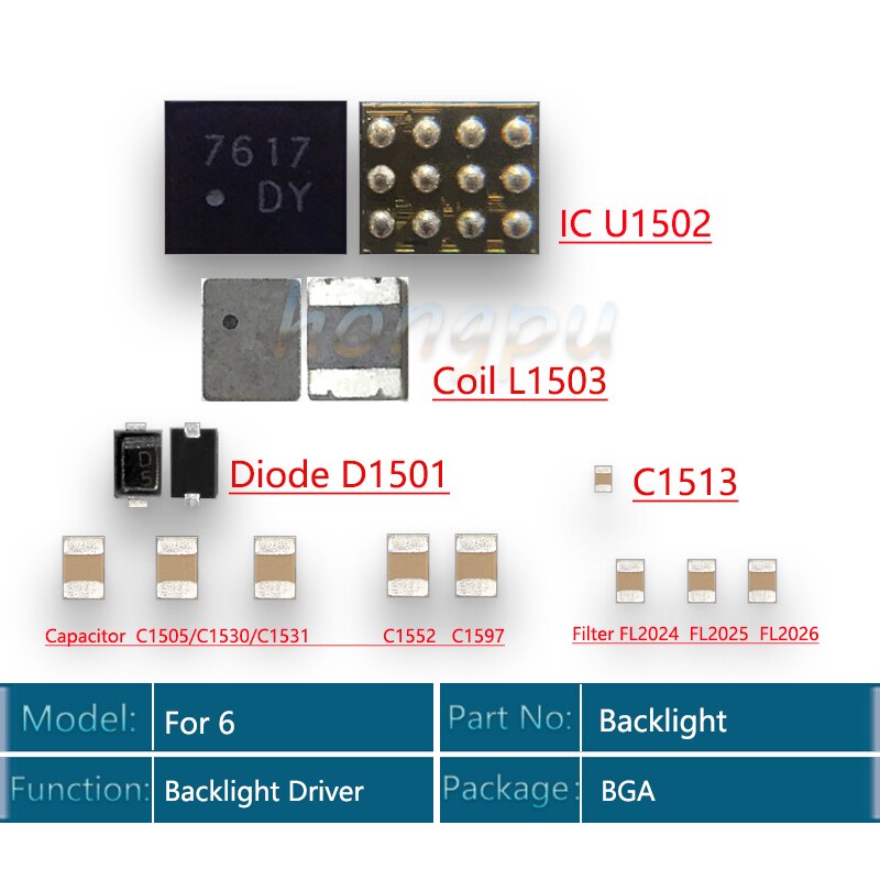 10 セット/ロット iphone 6 バックライトソリューションキット ic U1502 + コイル L1503 + ダイオード D1501 + コンデンサ C1531/c1552 C1597 + フィルター FL2024