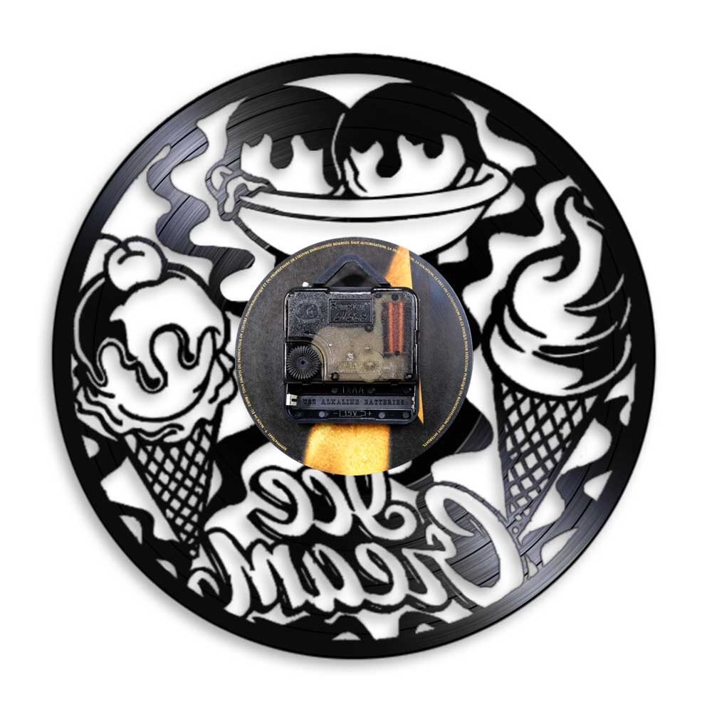 Ijssalon, bedrijfsbord, wandklok, keukendecoratie, moderne ijshoorn, dessert, vintage vinylplaat, wandklok