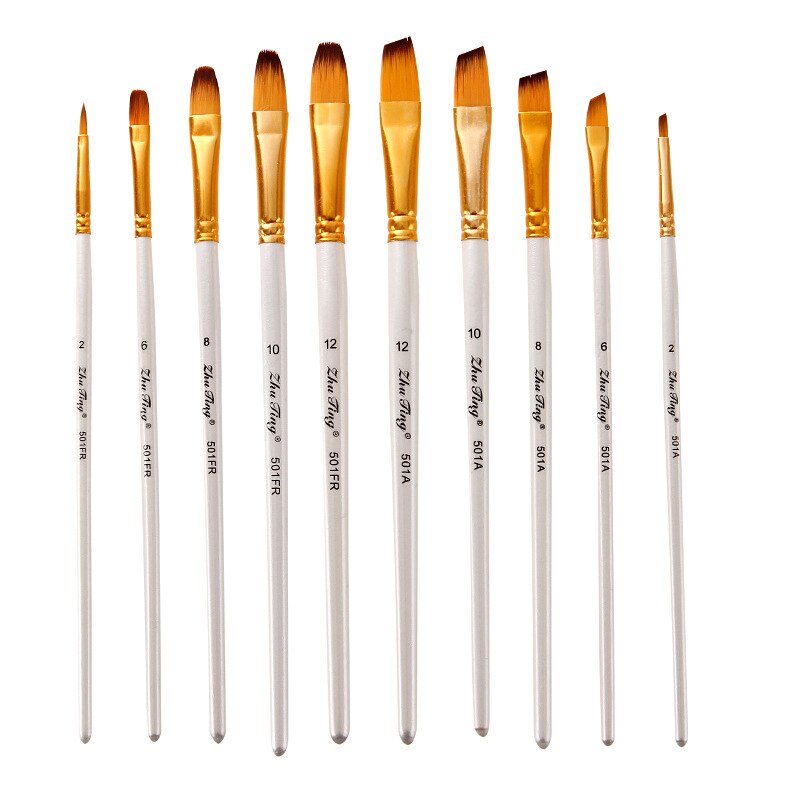 Pincel de nailon para pintura acrílica Gouache, suministros de arte, punta plana, tubo dorado, blanco, 5 unids/paquete