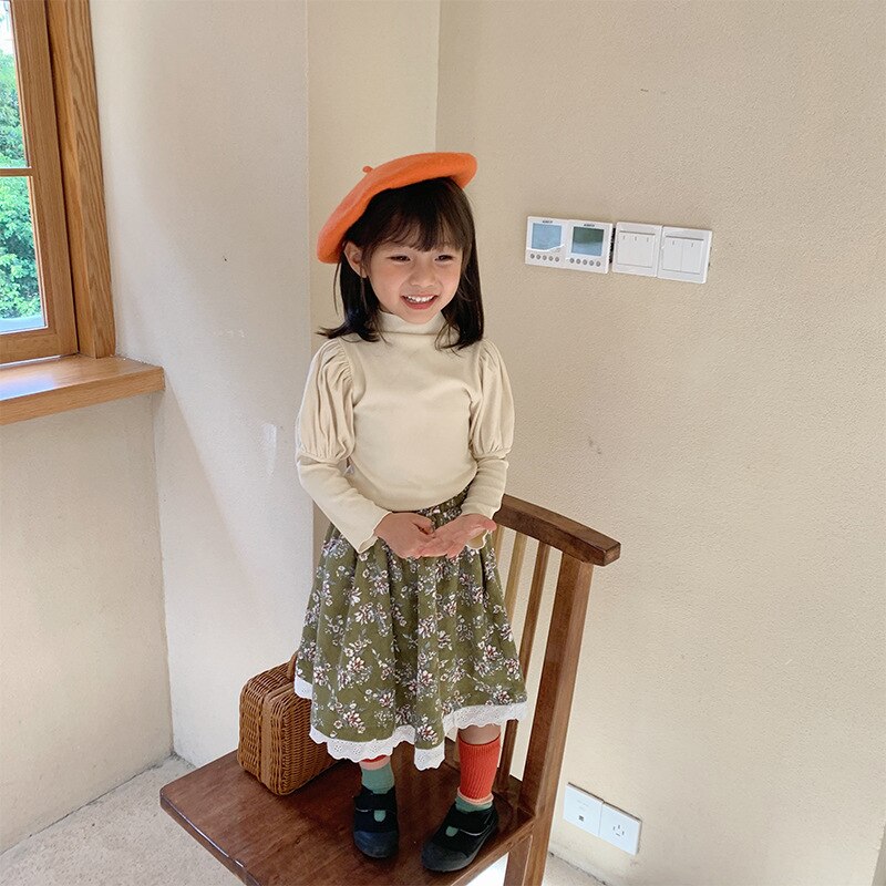 Flickor höstkjol bomull stil spets barn blommiga kjolar liten flicka prinsess kjol småbarn barn ledig tyg