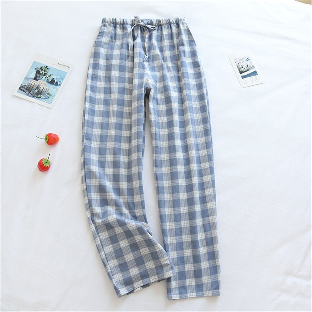 Mannen Katoen Plaid Pyjamabroek Voor Adluts Thuis Katoen Losse Dames Pyjama Broek Koppels Sleep Bottoms Lounge Homewear: Men-Blue / Asian Size M