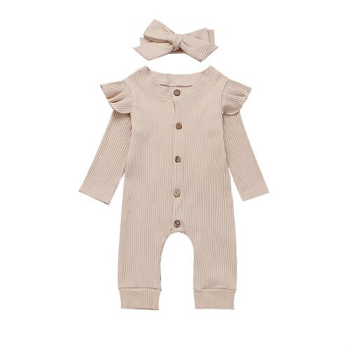 Combinaison manches longues pour -né | 0-24M, pour bébé garçon fille, combinaison en coton, bandeau, 2 pièces, vêtements pour bébé: Beige / 24M