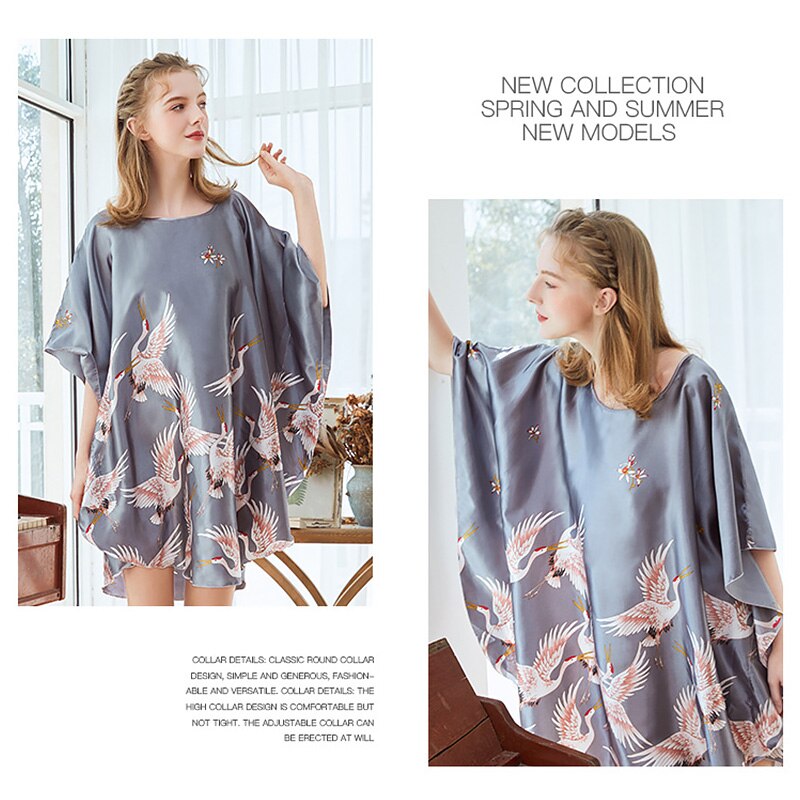 Bat Sleeve Oversized Nightdress Women Comfortable Smooth Satin Sleepwear Printed Casual Loose One Size Nightwear