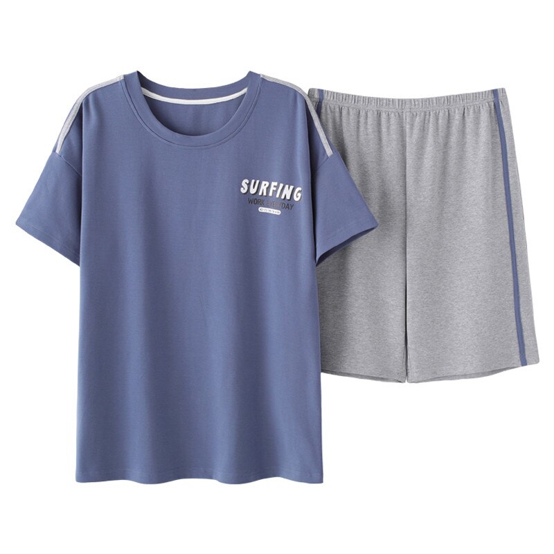 Zomer katoenen heren pyjamaset, korte tops + korte broek, tweedelige set, pyjama met ronde hals, casual, losse pyjama's, plus size nachtkleding