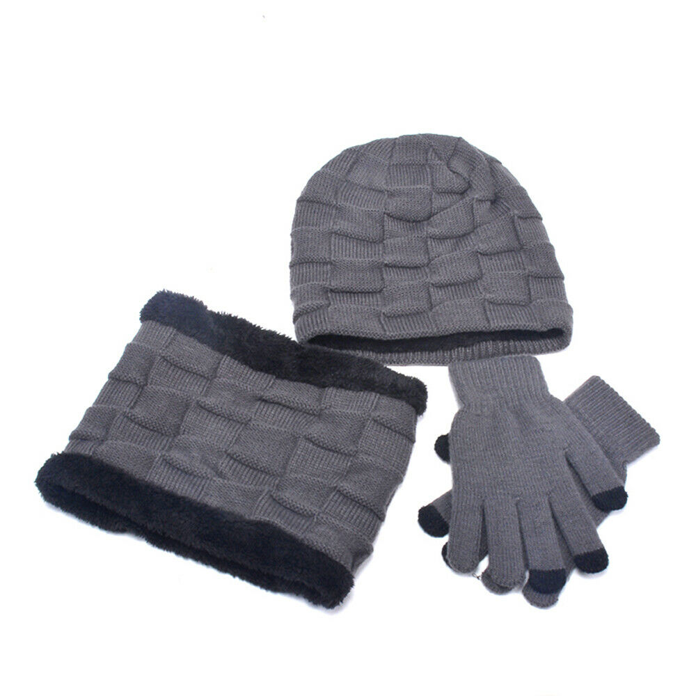 3 stykker 220 vinter varme beanie hatte tørklæde og berøringsskærm handsker sæt til mænd og kvinder vinter varm plaid strik pels cap sæt: 4