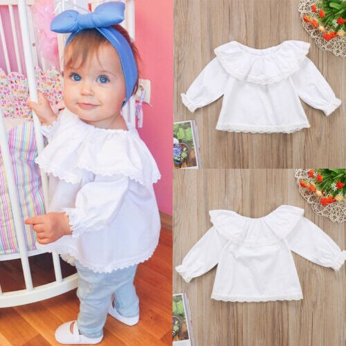 Newborn Infant Baby Girls Long Sleeve Tops Solid Clothes Lace Off Shoulder Suit For All Saeson Size 6-24M