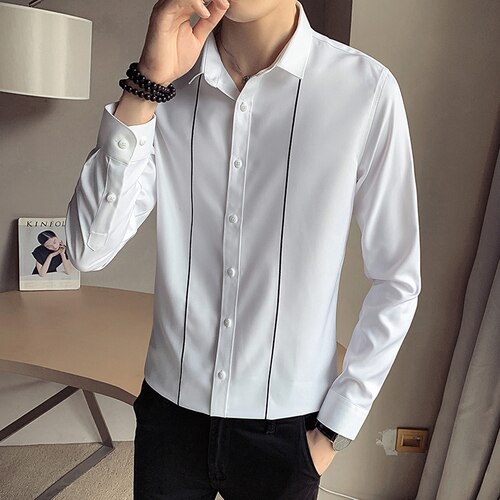 Lente en herfst heren lange mouwen gestreept shirt wit zwart heren top slim camisa s-xxxl: Wit / S 35kg-40kg