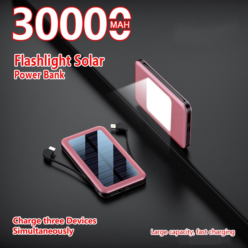 30000Mah Solar Power Bank Snelle Charger Ingebouwde Kabel Lcd Type C Powerbank Voor Alle Smartphones Power Bank Draagbare opladen