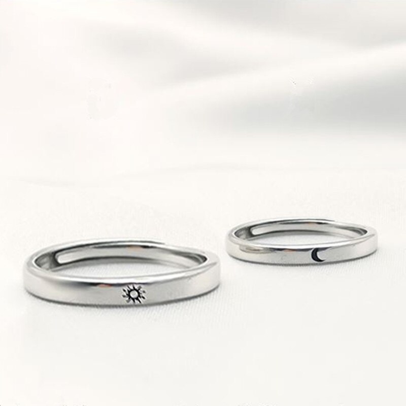 Bague de soleil et de lune pour hommes et femmes, anneau ajustable, Simple, minimaliste, couleur argent, pour Couple, bijoux de fiançailles