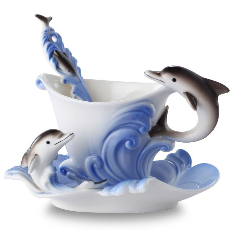 Gekleurde Enamel Porselein Pak Creatieve Dolfijnen Europese mokken en kopjes, een kopje koffie + disc + scoop voor Vriend