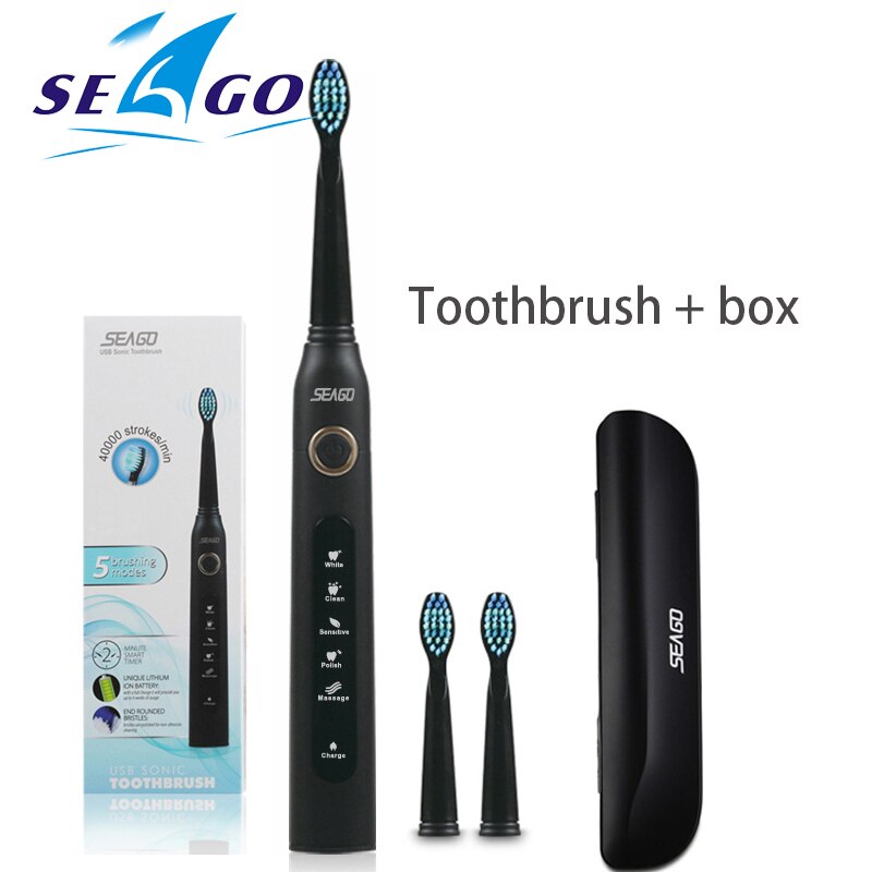 Seago Sonic Toothbrush Electric USB Rechargeable Waterproof Replacement Brush Head Best: Black with box