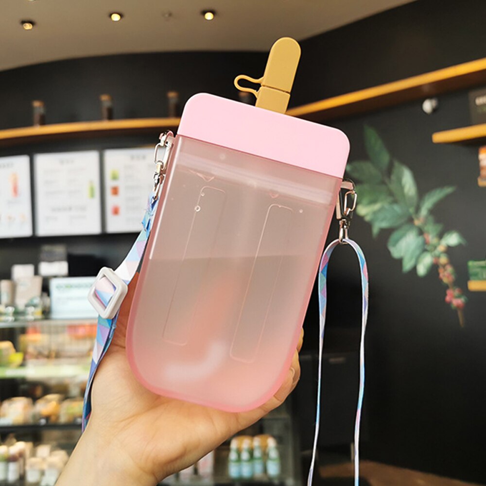 Cute Popsicle Ice Bar Water Bottle Transparent Juice Drinking Cup With Straw Strap Belt Popsicle Bottle With Straw Popsicle Wate: Pink