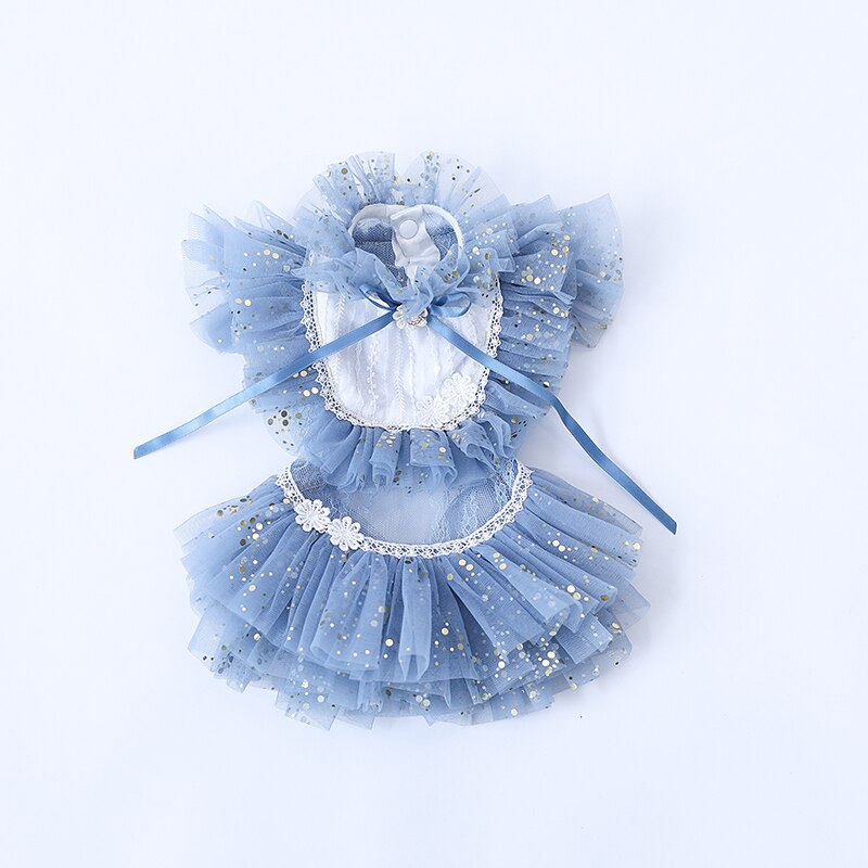 Ropa hecha a mano para perro, vestido azul de tul con puntos dorados, falda de encaje Sexy, tutú para gatos domésticos, traje de caniche maltés Yorkie,: XS
