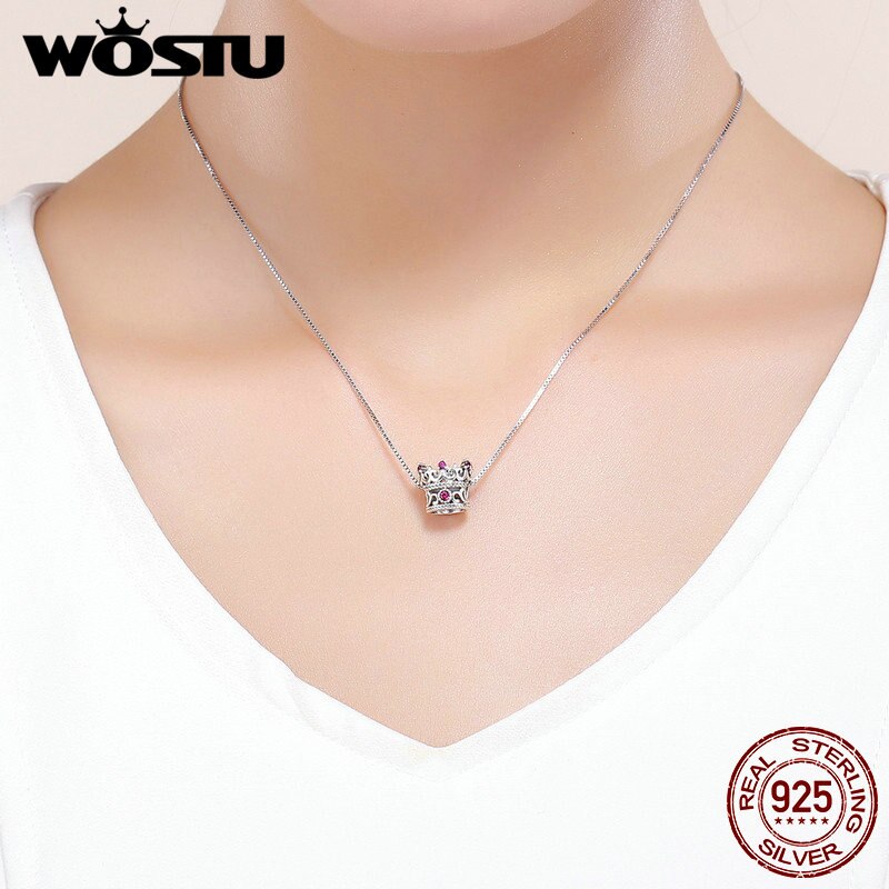 WOSTU 100% 925 Sterling Silver Queen's Crown Pink CZ Beads Charms fit Original Bracelet & Necklace Women Jewelry FIC776