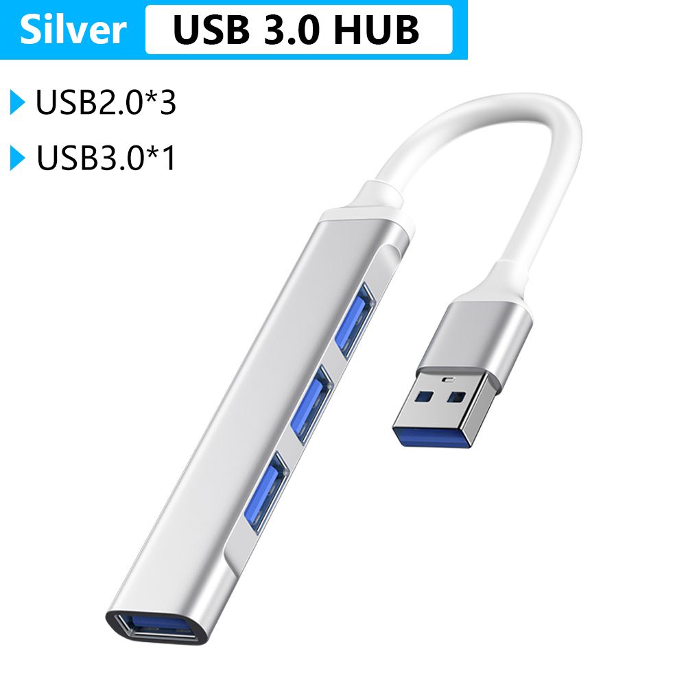 1 Pc High Speed Usb 3.0 Hub Multi Usb Splitter 4 Poorten Expander Adapter Type-C/ Type-een Naar Usb Computer Accessoires Voor Laptop Pc: USB 3.0 Hub Silver