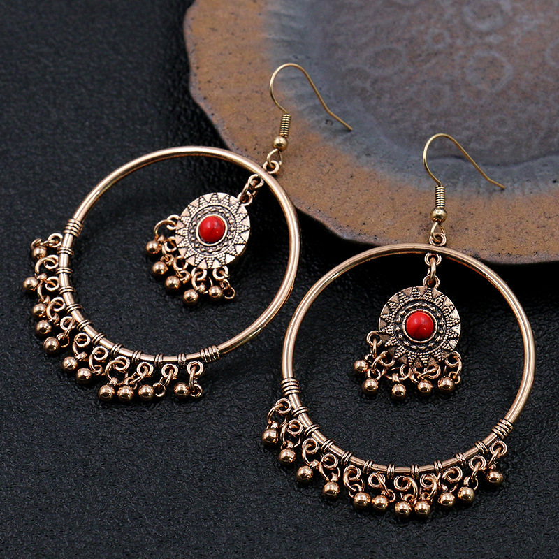 Classic Women&#39;s Gypsy Gold Round Wedding Earrings Tibetan Jewelry Ladies Retro Tassel Indian Jhumka Earrings