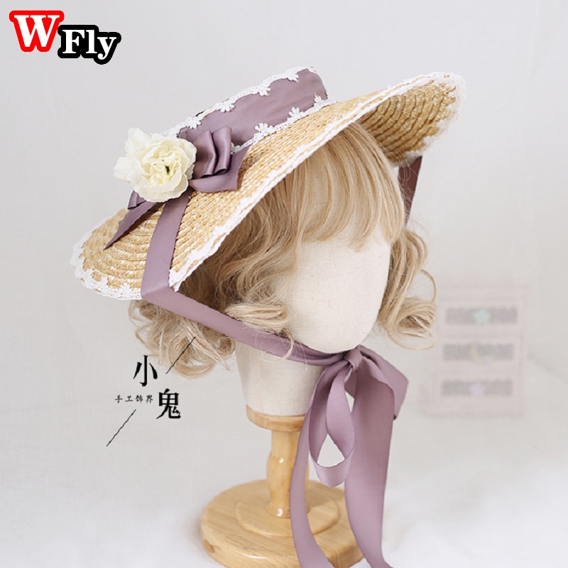 Chapeau de soleil en paille pour femmes et filles, japonais, Lolita, fait à la main, ruban de fleurs en dentelle, nœud papillon à large bord, chapeaux de paille élégants: style 5