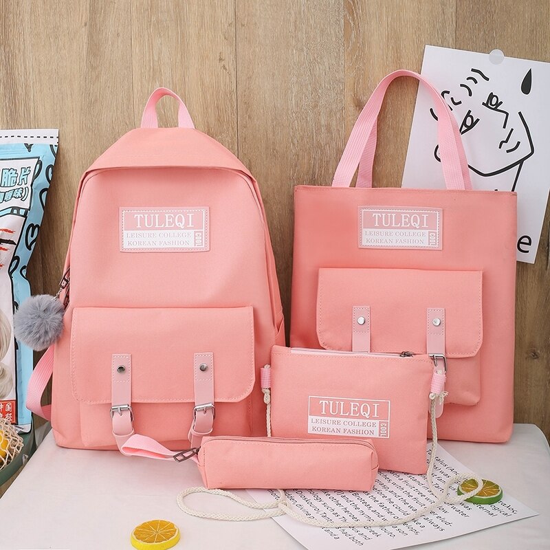 Mochilas escolares bonitas para meninas adolescentes, conjunto de 4 peças casual bolsas de ombro nylon de moda para adolescentes: Pink