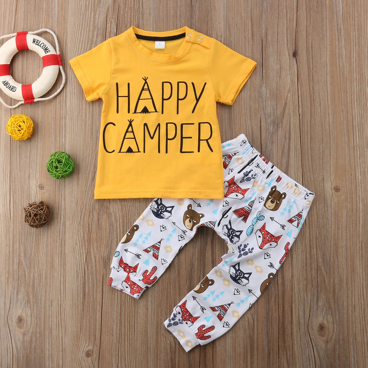 Afslappet toddler børn drenge glade camper toppe t-shirt + tegneserie trykte bukser 2 stk outfit sæt børn tøj