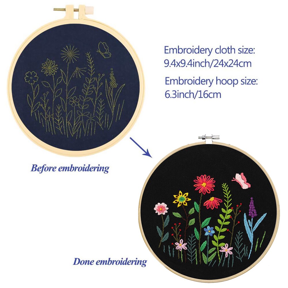 Starter Kit Embroidery Hoop Kit Sewing Craft Kit Needlework Tools Round Printed Flowers Plants Pattern Diy Handwork Threads Tool