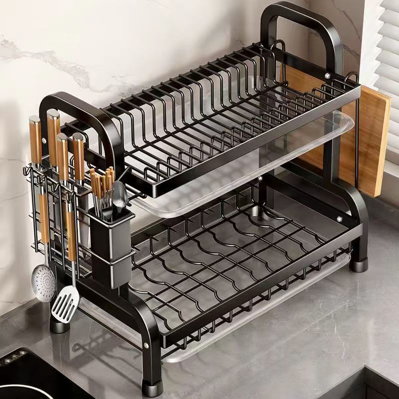 Stainless Steel 2-Tier Dish Drying Rack Large Rust-Proof Compact Kitchen Drainboard With Utensil Holder