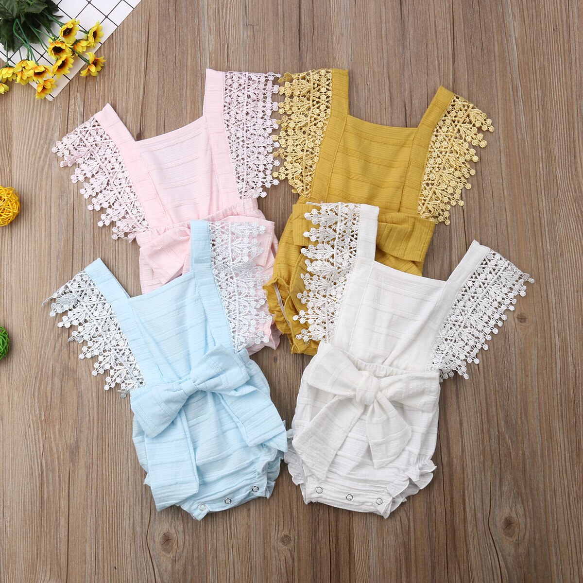 0-18M Nieuw Zomer Mooie Peuter Baby Meisjes Jongens Romper Lace Mouwen Effen Strik Jumpsuits Kleding
