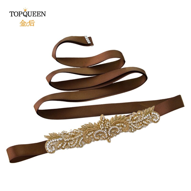 Topqueen  s375- g gull rhinestone midjebelte kvinner beaded bryllup belter india blonder brude sash belte gull belte for formell kjole: Brun