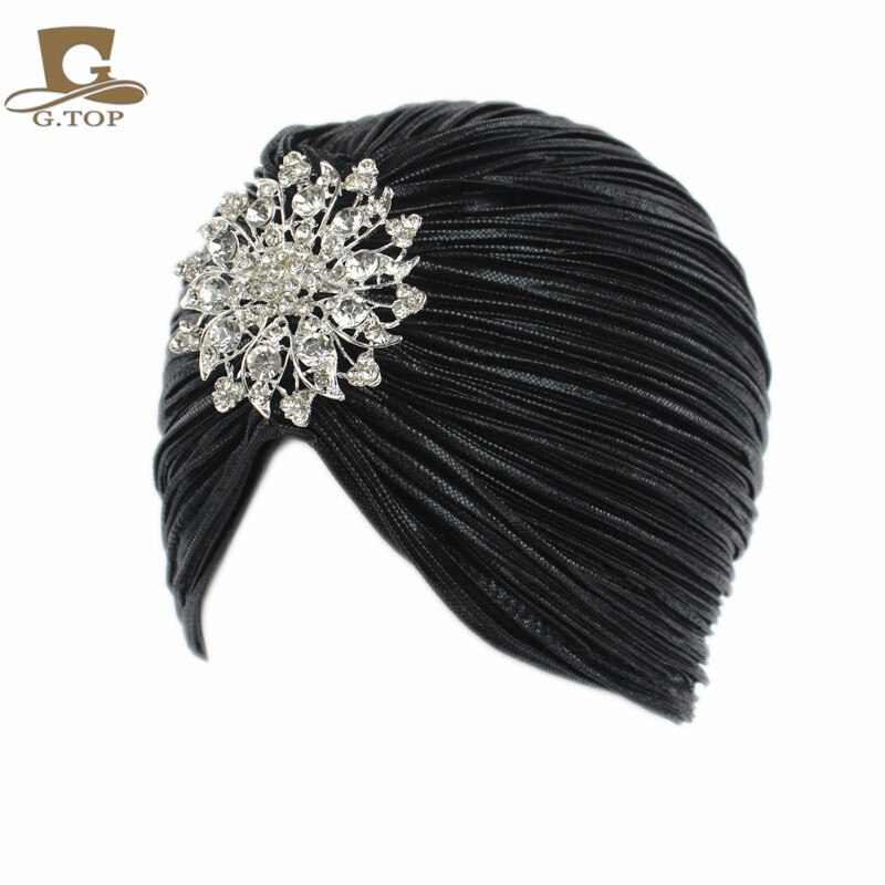 Damer guld sølv diamant juvel turban hatte til kvinder chemo bandana hijab plisseret indian cap turbante hat: Sort