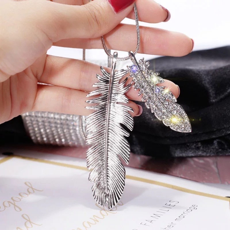 Meyfflin Vintage Long Necklaces for Women Crystal Feather Choker Necklaces Pendanst Silver Sweater Chain Jewelry Collier