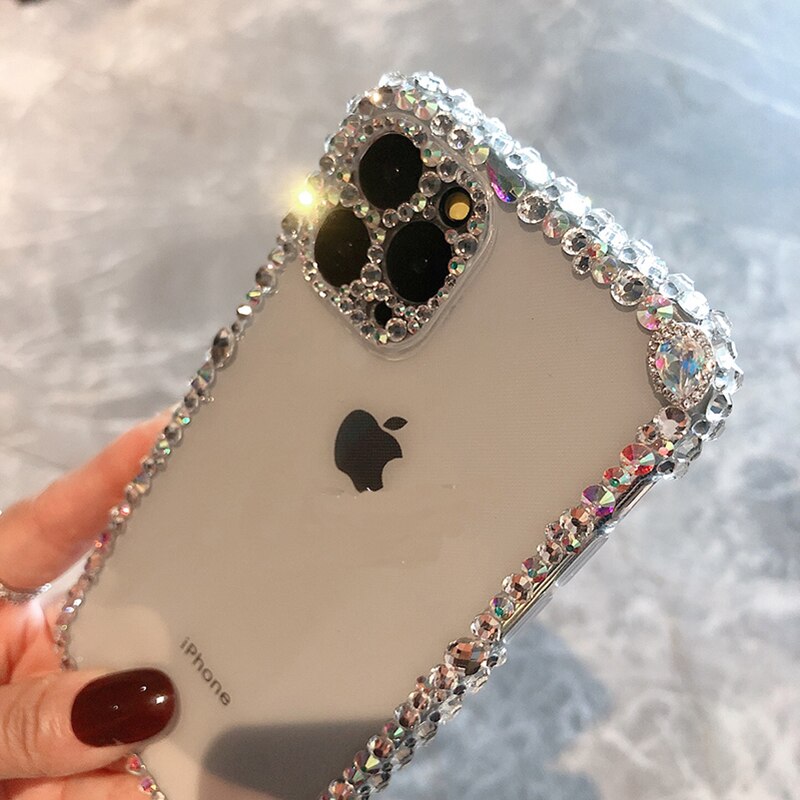 Funda de teléfono de lujo con gema de diamante de imitación para Apple iPhone, 11, 12, MiNi, 12Pro, MAX, X, XR, XS, 8, cámara de purpurina