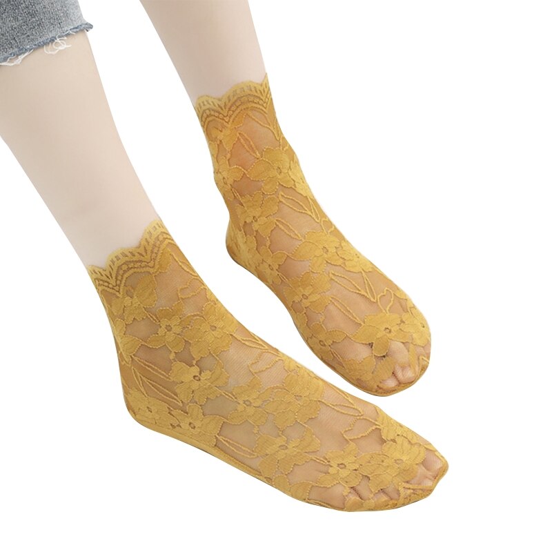 L93F 1 Pair Women's Floral Lace Fishnet Ankle Socks Cotton Stretch Hollow Out Dress Sock for Women Girls Short Stockings: turmeric