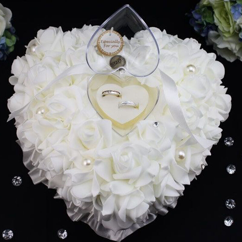 Bruiloft Engagement Ceremonie Ivory Satin Crystal Bloem Ringkussen Kussen Ring-Kussen