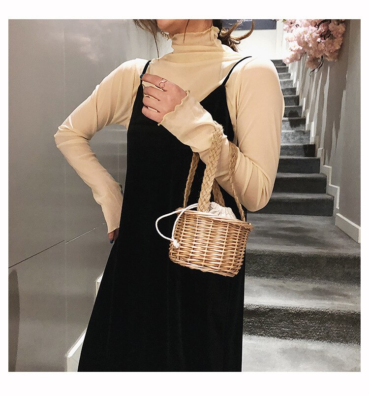 Vintage Women Barrel-shaped Rattan Knitting Handbags Ladies Casual Solid Drawstring Handbags Girls Handmade Bags