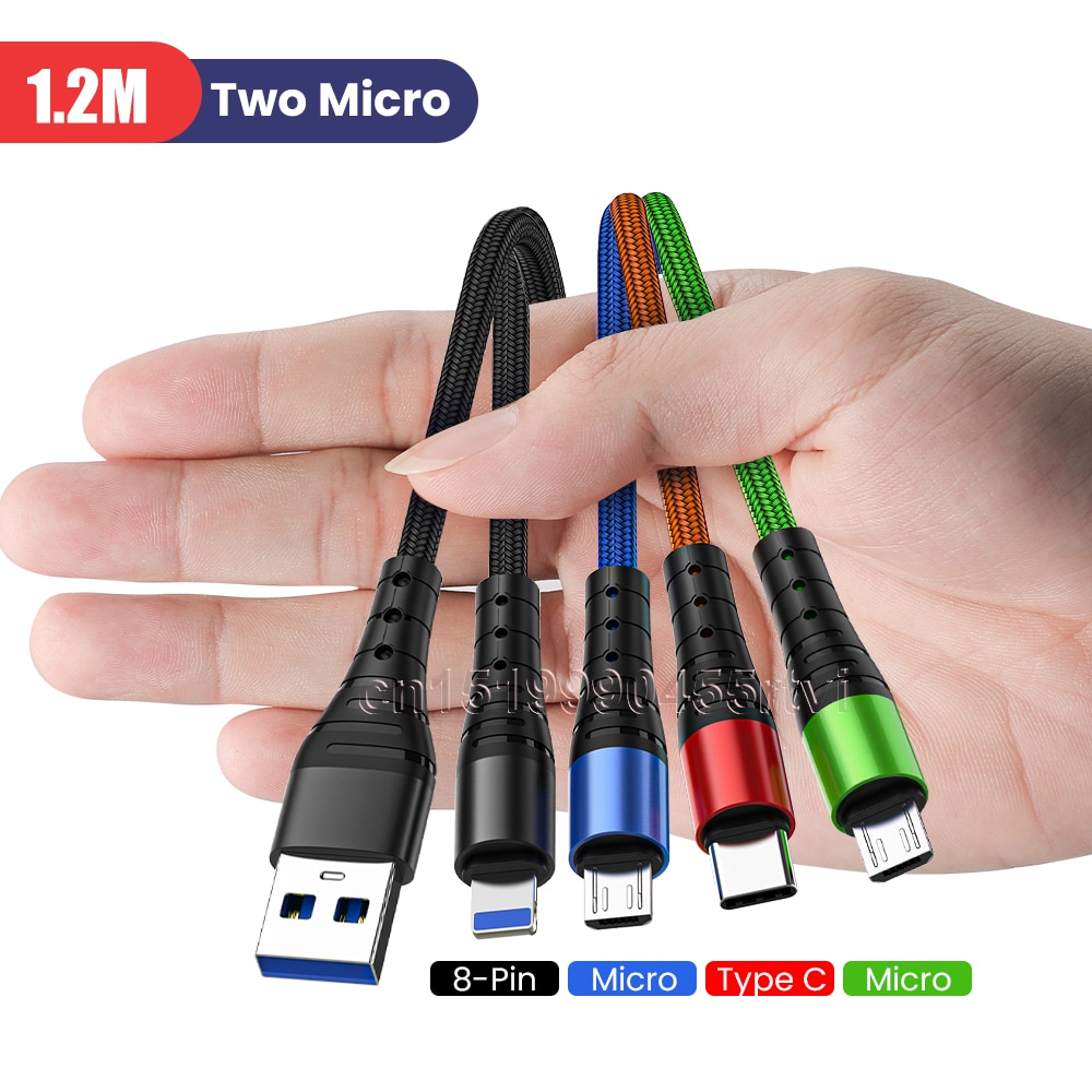 4 em 1 usb tipo c cabo de carregamento para iphone 13 12 11 pro 3in1 2in1 usb cabo de carregamento micro cabo usb para huawei samsung 1.2m: Double Micro USB