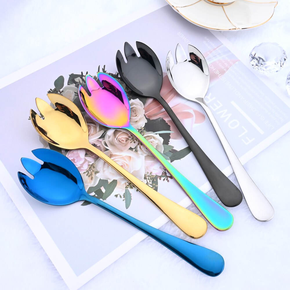 Blue Salad Spoon Fork Serving Spoon Set 2PCS Salad Spoon Stainless Steel Cutlery Set Spklifey Mirror Colorful Unique Spoons