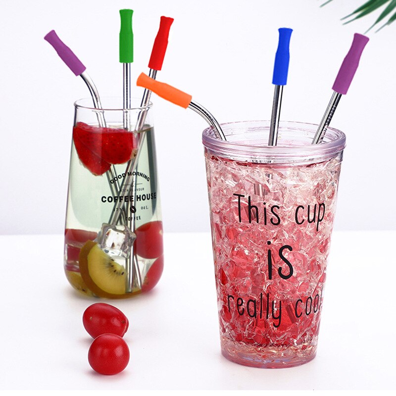 304 Stainless Steel Metal Straws Drink Cocktail Color Silicone Head Straw Travel Portable Set