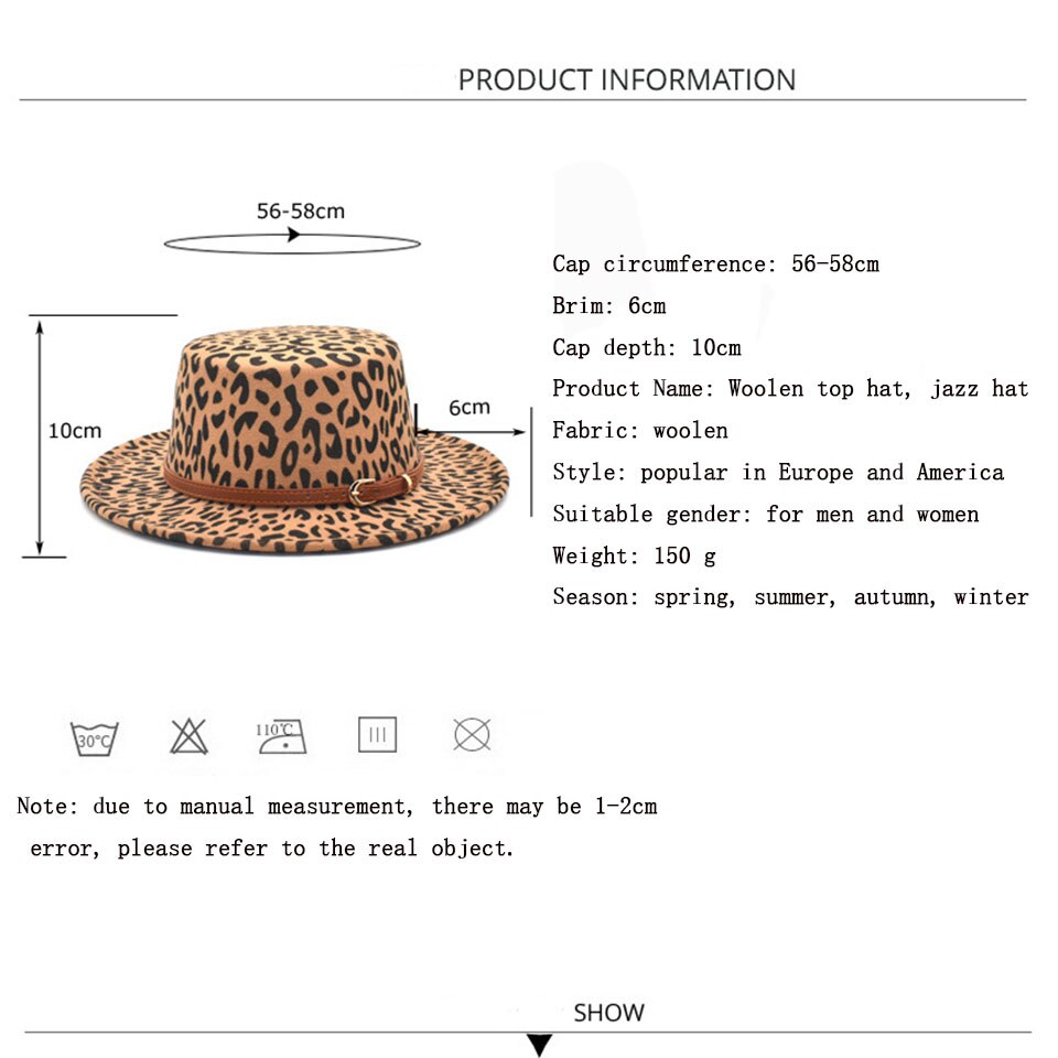 Klassisk leopardfilt fedora mænds og kvinders kunstige uld blandet jazz hat bred rand enkel kirke derby flad top hat re