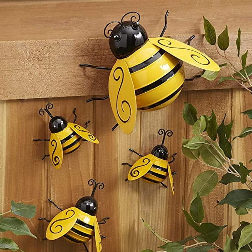 4 Metal Garden Bumble Bee Fence Wall Mounted Ornament Decorations