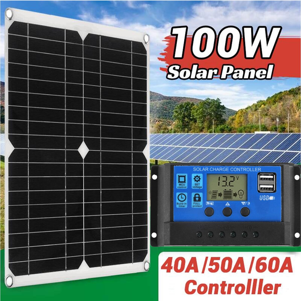 Solar Panel 100W 18V Dual USB Solar Panel Battery Charger Controller Camping Hiking Monocrystalline Solar Cell Boat Car Home