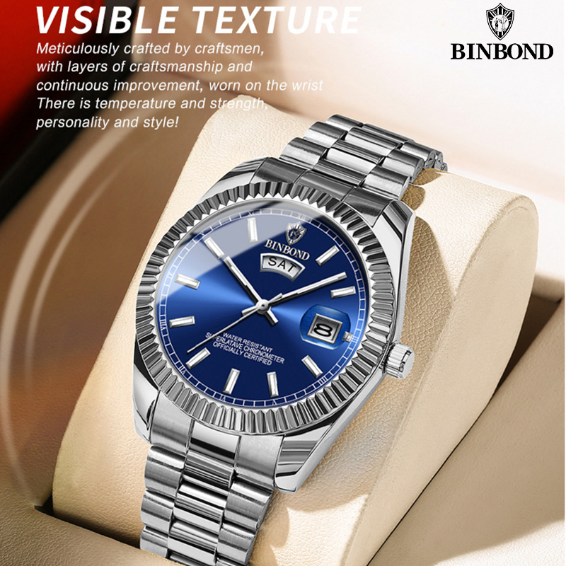 BINBOND Men's Brand Business Sports Quartz Watch 30M Waterproof Luminous Classic Calendar Clock Mens Wristwatch