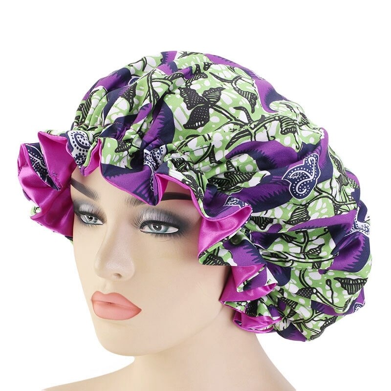 Extra grande taille cheveux casquettes modèle africain Satin Bonnet grande vague bord nuit sommeil casquette femmes fleur Turban outil de coiffure: VIOLET