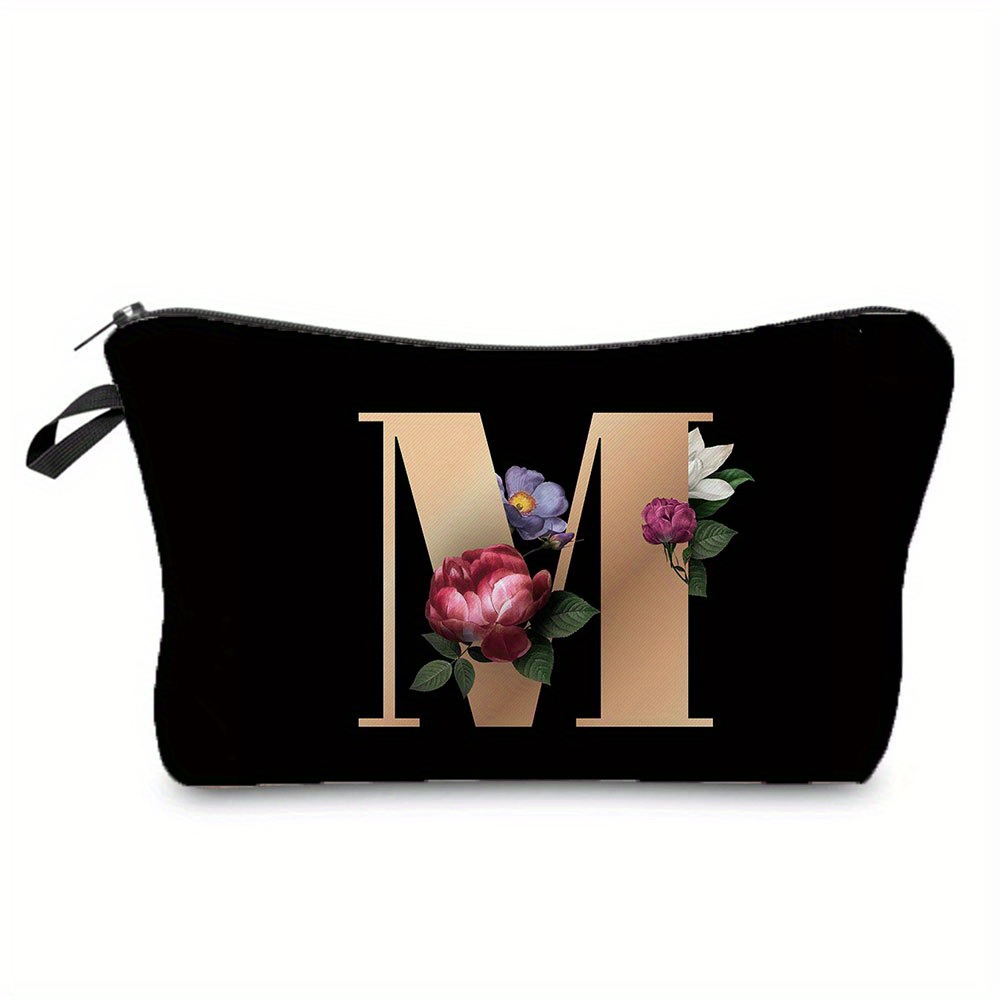Flower & Letter Print Cosmetic Bag, Zipper Portable Makeup Pouch, Lightweight Coin Purse toiletry bag cajas organizadoras: Khaki