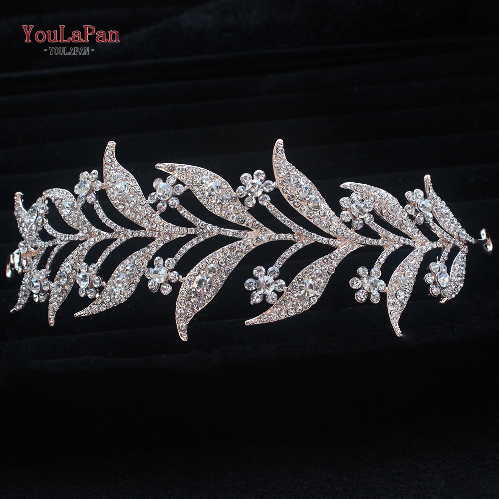 Topqueen-acessórios de cabelo hp301, estilo indiano, para noivado, fabricado em liga de flores, coroa e tiaras, prata, para casamento: HP326-Rose Gold